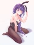  1girl animal_ears bare_arms bare_shoulders black_pantyhose blunt_bangs braid breasts cleavage collarbone commentary fake_animal_ears from_side full_body genshin_impact grey_background head_tilt highres huge_breasts leaning_forward light_blush long_braid long_hair miksin open_mouth pantyhose playboy_bunny purple_eyes purple_hair rabbit_ears raiden_shogun shade shadow single_braid sitting solo suit wariza 