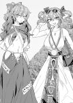  2girls absurdres alternate_costume ancient_egyptian_clothes ankh ankh_necklace arms_behind_back bag bare_hips bare_shoulders blush bow breasts capelet cleavage collarbone dress drill_hair eyewear_on_head fang great_pyramid_of_giza hair_between_eyes hair_bow hand_in_own_hair highres large_breasts long_hair looking_at_viewer medium_hair midriff monochrome multiple_girls navel navel_piercing parted_lips piercing pyramid_(structure) senmura shoulder_bag siblings skirt sleeveless sleeveless_dress small_breasts smile sunglasses touhou twin_drills yorigami_jo'on yorigami_shion 
