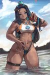 1girl absurdres armlet bare_shoulders bikini black_hair blue_eyes blue_gem blue_hair breasts cloud collarbone commentary crop_top dark-skinned_female dark_skin earrings english_commentary gem hair_bun highres holding holding_poke_ball hoop_earrings jewelry long_hair looking_at_viewer multicolored_hair navel necklace nessa_(pokemon) outdoors parted_lips poke_ball poke_ball_(basic) pokemon pokemon_swsh single_hair_bun sky solo stomach swimsuit tankini thigh_strap thighs two-tone_hair vicarious water wet 