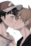  2boys arm_up baseball_cap black_hair black_shirt blue_oak blush brown_eyes clothes_grab collared_shirt commentary_request from_side grabbing_another's_shirt hat highres kiss male_focus medium_sideburns multiple_boys nervous_sweating open_collar parted_bangs pk_rgr96 pokemon pokemon_sm profile red_(pokemon) shirt sideburns simple_background sweat t-shirt white_background white_shirt wide-eyed yaoi 