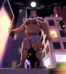 4_fingers 4_toes anthro backlighting barefoot bear biceps biped black_claws black_nose blinds blinds_closed bottomwear broad_shoulders brown_body brown_fur brown_nipples building bulge cheek_tuft city claws clothed clothing cloud computer_monitor crotch_tuft denim denim_bottomwear denim_clothing destroyed_clothing destruction facial_tuft feet finger_claws fingers full_moon fur furniture green_eyes hi_res light lighting low-angle_view macro male mammal marcus_(twistedfate03) moon moonlight musclegut muscular muscular_anthro muscular_male neck_tuft night nipples open_bottomwear open_clothing open_pants open_window outside pants paws pecs plant plantigrade poster quads shaded shirt shrub sky skyscraper smile snout solo squeezing standing star starry_sky stocky tight_bottomwear tight_clothing toe_claws toes topwear torn_bottomwear torn_clothing torn_shirt torn_topwear traffic_light tuft underwear upatroopa vein veiny_arms werecreature wereursid worm's-eye_view