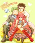  1girl 2boys bandage bat_(symbol) bean_bag black_hair boots character_doll doll dracule_mihawk dress green_hair halloween happy_halloween kigisu kumacy kuraigana_island multiple_boys one-eyed one_piece perona pink_hair red_shoes roronoa_zoro shichibukai shoes sitting sleeping stuffed_toy tattoo trio 