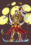  absurdres armor baijiin_poison blonde_hair ea_(fate/stay_night) earrings fate/zero fate_(series) gate_of_babylon gilgamesh highres jewelry male_focus red_eyes solo weapon 