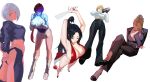  5girls absurdres angel_(kof) arms_behind_back bare_shoulders black_hair black_jacket black_panties black_pants black_shoes blonde_hair boots breasts chaps cleavage cleavage_cutout clothing_cutout cropped_jacket crossed_legs cummerbund cup earrings electricity electrokinesis eyes_visible_through_hair fingerless_gloves folding_fan gloves grey_hair guiguz hair_bun hair_over_eyes hair_over_one_eye hand_fan head_rest high_heel_boots high_heels high_ponytail highres holding holding_cup holding_fan invisible_chair jacket japanese_clothes jewelry king_(snk) knee_boots large_breasts leaning_back leather leather_jacket long_hair looking_at_viewer mature_(kof) miniskirt multiple_girls multiple_views pant_suit panties pants pelvic_curtain pencil_skirt pink_boots pink_skirt ponytail red_hair red_nails red_shoes revealing_clothes sash shermie_(kof) shiranui_mai shirt shoes short_hair simple_background single_hair_bun sitting skirt smile split_ponytail suit the_king_of_fighters underwear white_background white_shirt yellow_sash 