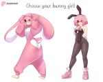  1girl animal_costume animal_ear_hairband animal_ear_hood animal_ears bare_shoulders barefoot black_leotard commentary doki_doki_literature_club english_commentary english_text fake_animal_ears fishnets hair_ornament hairband hairclip highleg highleg_leotard highres hood hood_up hooded_pajamas leotard long_sleeves natsuki_(doki_doki_literature_club) onesie pajamas pantyhose pink_hair pink_pajamas playboy_bunny rabbit_costume rabbit_ear_hairband rabbit_ears rabbit_tail raion_(raionart) short_hair simple_background strapless strapless_leotard tail toes white_background wrist_cuffs 