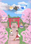  6+girls angry apron ascot belt black_belt black_dress black_hat black_shoes black_skirt black_vest blonde_hair blue_bow blue_eyes blue_hair blue_ribbon blue_shoes blue_skirt blue_vest blush bow bowtie broom brown_eyes brown_hair bush buttons chain cherry cherry_blossoms cirno closed_mouth cloud commentary contrast_collar detached_sleeves dress drooling falling_petals floating flying food footwear_bow frilled_hair_tubes frilled_shirt_collar frilled_skirt frills fruit gourd grass hair_bow hair_ribbon hair_tubes hakurei_reimu hat hat_bow highres holding holding_broom holding_gourd horn_ornament horn_ribbon horns ibuki_suika kirisame_marisa lily_white long_hair long_sleeves medium_hair multiple_girls open_mouth petals red_ascot red_bow red_bowtie red_ribbon red_shirt red_shoes red_skirt rgley ribbon rumia running shirt shoes short_hair shrine skirt sleeping sleeve_ribbon socks standing torii touhou tree very_long_hair vest waist_apron walking well white_apron white_bow white_dress white_hat white_shirt white_sleeves white_socks witch_hat yellow_eyes 