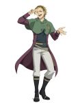  1boy absurdres belt black_boots black_clover black_clover_m:_rise_of_the_wizard_king black_shirt boots brown_belt brown_hair capelet coat full_body green_capelet green_mantis_(emblem) highres incredibly_absurdres looking_at_viewer non-web_source official_art one_eye_closed open_clothes open_coat open_mouth pants purple_coat sekke_bronzazza shirt simple_background transparent_background white_pants 