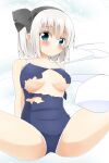  1girl alternate_costume black_hairband blue_one-piece_swimsuit blush breasts closed_mouth commentary_request green_eyes grey_hair hairband hitodama konpaku_youmu konpaku_youmu_(ghost) looking_at_viewer medium_breasts medium_hair one-piece_swimsuit school_swimsuit shishiky solo spread_legs sweat swimsuit touhou underboob 