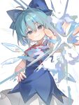  1girl ahoge attack blue_bow blue_dress blue_eyes blue_hair bow chinese_commentary cirno closed_mouth commentary_request cowboy_shot cryokinesis detached_wings dress hair_between_eyes hair_bow hand_on_own_hip highres ice ice_wings incoming_attack looking_at_viewer neck_ribbon outstretched_hand pinafore_dress puffy_sleeves red_ribbon ribbon shang_bu short_hair short_sleeves simple_background sleeveless sleeveless_dress smile solo standing touhou watermark white_background wings 