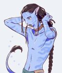  1boy beads black_hair blue_background blue_skin body_markings braid colored_skin commentary_request dreadlocks fur-tipped_tail hair_beads hair_ornament highres james_cameron's_avatar lo'ak loincloth long_hair looking_to_the_side male_focus monster_boy mouth_hold natsuko_sub02 single_braid solo tail topless_male tying_hair upper_body very_long_hair yellow_eyes 