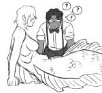 bodily_fluids breasts clothed clothing digital_media_(artwork) duo edward_(starfleetrambo) eyewear female fin gills hair human male mammal marine merfolk monochrome nude oarfish_merfolk oskar_(starfleetrambo) question_mark scales simple_background siren siren_and_scientist sketch speech_bubble split_form starfleetrambo sweat trans_(lore) trans_man_(lore)