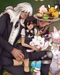  2boys :q \||/ alexis_(dotted_clouds) alternate_color az_(pokemon) black_flower black_jacket black_nails black_necktie black_pants black_skirt black_suit black_vest bracelet brown_hair chest_jewel cleffa collared_shirt colored_sclera commentary crystal dedenne diancie dotted_clouds dress_pants eating english_commentary floette floette_(eternal) flower formal_clothes gem hair_between_eyes hair_over_one_eye hand_on_another's_leg highres holding holding_pokemon holding_tray jacket jewelry knee_brace looking_at_viewer male_focus mole mole_on_forehead mole_under_eye multiple_boys necktie official_alternate_color old one_eye_closed pants pink_gem poke_puff pokemon pokemon_(creature) pokemon_legends:_z-a puffy_short_sleeves puffy_sleeves ralts red_sclera shiny_pokemon shirt short_sleeves skirt smile suit suit_jacket swirlix tall_male tongue tongue_out tray vest white_hair white_shirt yaoi 