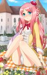  :o atelier_(series) atelier_meruru bare_legs blue_eyes blush bow bowtie braid castle crown flower fountain half_updo highres long_hair looking_at_viewer merurulince_rede_arls open_mouth panties pantyshot pantyshot_(sitting) picnic pink_hair pyz_(cath_x_tech) red_bow shoes sitting skirt solo underwear white_panties yellow_skirt 