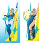  1girl amulet arm_up bayeuxman biceps blonde_blazer blonde_hair blue_dress blue_gloves blue_mask breasts cape coffee_mug cup curvy dispatch dress eye_mask full_body gem gloves highres holding holding_cup huge_breasts large_breasts looking_at_viewer mask mug muscular muscular_female no_bra no_panties official_alternate_costume red_gem short_cape side_slit strapless strapless_dress superhero_costume tan tanlines wide_hips yellow_cape 