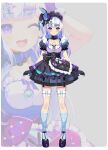  >:) 1girl ;d animal_ears apron arms_at_sides black_apron black_choker black_dress black_gloves black_shoes blue_hair blue_socks blunt_bangs blush bow bow_legwear breasts choker cleavage closed_mouth colored_inner_hair commentary_request connectopia diamond_necklace different_zoom_layer dress earrings fake_animal_ears fishnet_thighhighs fishnets framed_breasts frilled_choker frilled_dress frilled_skirt frills full_body fur-trimmed_gloves fur_trim gloves gradient_hair grey_background grey_hair hair_ornament hairclip heart_apron highres jewelry kneehighs layered_dress layered_legwear legs_apart lolita_fashion long_hair long_sidelocks maid maid_headdress medium_breasts mesugaki_dia mismatched_earrings multicolored_hair multiple_hair_clips multiple_views necklace official_art one_eye_closed one_side_up open_mouth paperclip_earrings petticoat pilokey platform_heels platform_shoes puffy_short_sleeves puffy_sleeves purple_eyes purple_hair rabbit_ears shirt shoes short_dress short_sleeves sidelocks silver_necklace simple_background skirt smile smug socks square_neckline straight-on strappy_heels teeth text_hair_ornament thighhighs thighhighs_over_socks unconventional_maid underbust upper_teeth_only v-shaped_eyebrows virtual_youtuber waist_apron waist_bow white_shirt white_thighhighs 
