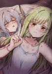  2girls absurdres after_sex bang_dream! bang_dream!_it's_mygo!!!!! blush camisole closed_eyes commentary green_hair hickey highres long_hair looking_at_viewer multiple_girls parted_lips pillow reisa_kazumiya rope_marks sweat togawa_sakiko v wakaba_mutsumi white_camisole yellow_eyes yuri 