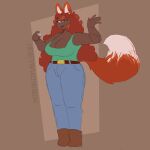  1:1 2025 4_fingers absurd_res animal_humanoid arms_bent bangs belt_buckle big_breasts blue_bottomwear blue_clothing blue_pants blush blush_lines bodily_fluids boots bottomwear breasts brown_background brown_boots brown_clothing brown_eyes brown_footwear brown_tongue buckle buleruby button_(fastener) canid canid_humanoid canine canine_humanoid cleavage clothed clothed_female clothed_humanoid clothing coin colored colored_sketch digital_drawing_(artwork) digital_media_(artwork) dipstick_tail english_description eyelashes female fingers fluffy fluffy_tail footwear fox_humanoid fully_clothed fully_clothed_female fully_clothed_humanoid green_clothing green_shirt green_tank_top green_topwear hair hi_res holding_coin holding_object humanoid long_hair long_tail looking_at_viewer mammal mammal_humanoid markings no_pupils orange_hair orange_tail pants pockets saliva saliva_on_tongue shirt shoes simple_background sketch smile smiling_at_viewer solo standing straight_legs tail tail_markings tailed_humanoid tank_top terraria text thick_thighs thin_eyebrows tongue tongue_out topwear two_tone_tail url wavy_hair werecanid werecanine werecreature werefox white_inner_ear white_tail_tip zoologist_(terraria) 