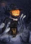  2012 =_= bad_id bad_pixiv_id breasts burunuu_(bullnukko) cat cleavage ghost graveyard halloween hat jack-o'-lantern medium_breasts moon night o3o original pumpkin pumpkin_hat solo striped striped_legwear thighhighs tombstone witch_hat 