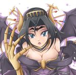  bare_shoulders bat bat_wings black_hair blue_eyes breasts claws cleavage digimon dress facial_mark fang forehead_mark horns jin_(lili_to_marigold) large_breasts lilithmon pointy_ears solo wings 