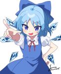  1girl :d arm_up blue_bow blue_dress blue_eyes blue_hair blush bow cirno collared_shirt commentary_request dress fang hair_bow hand_on_own_hip happy ice ice_wings index_finger_raised open_mouth pinafore_dress puffy_short_sleeves puffy_sleeves shirt short_hair short_sleeves simple_background skin_fang sleeveless sleeveless_dress smile solo touhou white_background white_shirt wings yoihebi 