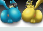 2025 anthro anus balls big_butt blue_body blue_eyes blue_fur brown_eyes butt drain_scat duo fur generation_4_pokemon generation_7_pokemon genitals glistening glistening_body hi_res legendary_pokemon looking_at_viewer looking_back looking_back_at_viewer lucario male mammal nintendo pokemon pokemon_(species) raised_tail rear_view simple_background sitting tail wide_hips yellow_body yellow_fur zeraora