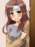  blush breasts brown_eyes brown_hair cardigan idolmaster idolmaster_cinderella_girls kawashima_mizuki long_hair medium_breasts open_mouth solo sweat uraichishi 