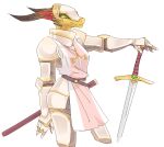 alpha_channel anthro armor belt chainmail clothing dragonborn_(dnd) dungeons_and_dragons female green_sclera hasbro hat_feather headgear headwear helmet horn jam_(artist) long_snout longsword loose_feather scalie simple_background snout solo transparent_background weight_scale wizards_of_the_coast yastara_(skyglazer) yellow_body