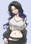  1girl arm_behind_back belt black_belt black_hair black_jacket black_skirt blue_background blue_hair breasts clothes_pull collarbone commentary_request cowboy_shot crop_top grey_tank_top groin highres jacket large_breasts long_hair long_sleeves looking_at_viewer midriff multicolored_hair navel nittora off_shoulder official_alternate_costume official_alternate_hairstyle open_clothes open_jacket orange_eyes parted_bangs parted_lips project_sekai shiraishi_an side_slit sidelocks simple_background skirt skirt_pull solo strap_slip tank_top two-tone_hair wavy_hair zozotown 
