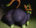 big_butt black_body butt butt_focus dipstick_tail domestic_cat duo felid feline felis feral for_a_head grass green_body green_eyes green_tail_tip guhg_kemonowo halloween holidays huge_butt looking_back male_(lore) mammal markings monster multicolored_body object_head open_mouth open_smile orange_body orange_tail plant pumkat pumpkin_head quadruped raised_tail shadow smile solo_focus tail tail_markings