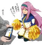  1girl belt black_pantyhose eyelashes green_eyes hairband henahenagames highres inazuma_eleven_(series) inazuma_eleven_go inazuma_eleven_go_chrono_stone long_hair meia open_mouth pantyhose pom_pom_(cheerleading) purple_hair shadow sitting skirt smile squatting white_background 