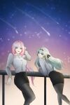  2girls black_pantyhose black_skirt blue_eyes breasts commentary elf elysia_(honkai_impact) elysia_(office_lady)_(honkai_impact) english_commentary firefly_(honkai:_star_rail) grey_hair highres honkai:_star_rail honkai_(series) honkai_impact_3rd large_breasts long_hair multiple_girls night official_alternate_costume open_mouth pantyhose pencil_skirt pink_hair pointy_ears shirt shooting_star skirt sky star_(sky) starry_sky very_long_hair white_shirt yakmeephuawkaa 