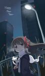  1girl akemi_homura black_coat black_hair buivi city coat cold expressionless floating_hair hair_ribbon happy_new_year highres jitome kyubey lamppost long_hair looking_at_viewer mahou_shoujo_madoka_magica night purple_eyes ribbon scarf sky white_scarf 