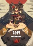  1girl 2019 :d animal_ears big_hair black_kimono blush boar boar_ears brown_hair chinese_zodiac commentary_request cup drill_hair english_text fang flower hair_flower hair_ornament happy_new_year highres holding indian_style japanese_clothes kimono lansane long_sleeves looking_at_viewer nengajou new_year obi open_mouth orange_eyes original pig red_flower rising_sun sakazuki sash signature sitting smile solo sunburst tabi twin_drills typo white_legwear wide_sleeves year_of_the_pig 