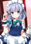  1girl :o apron blue_dress blue_eyes blush bow bowtie braid collared_shirt commentary dress frilled_apron frilled_dress frills green_bow green_bowtie grey_hair hair_bow highres holding holding_knife holding_tray izayoi_sakuya knife long_hair looking_at_viewer maid maid_headdress open_mouth pink_background ruu_(tksymkw) shirt short_sleeves solo teapot touhou tray twin_braids upper_body waist_apron white_apron white_shirt 