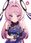 1girl absurdres anger_vein armlet artist_name asymmetrical_gloves ayumi_aotr_a bare_shoulders blue_eyes blush breasts citlali_(genshin_impact) commentary facial_mark floating_headgear genshin_impact gloves hair_intakes headgear highres holding jewelry long_hair looking_at_viewer medium_breasts parted_bangs pink_pupils pout purple_gloves simple_background solo triangle triangle_facial_mark uneven_gloves upper_body white_background 