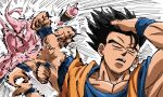  adjusting_hair black_hair closed_eyes colored_skin dragon_ball dragon_ball_z hand_in_own_hair highres kid_buu majin_buu male_focus meme naoya_hitting_choso_without_looking_(meme) open_mouth pink_skin rz28kp scene_reference short_hair simple_background son_goku spiked_hair white_background 
