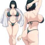  1girl absurdres ass bare_back bikini breasts cleavage collarbone fubuki_(one-punch_man) fur_jacket green_bikini green_eyes green_hair groin hand_on_own_hip highres jacket jacket_on_shoulders ksksksa large_breasts looking_at_viewer navel one-punch_man parted_lips short_hair solo swimsuit thighs white_jacket 