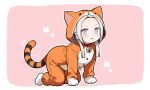  1girl :3 absurdres animal_costume animal_print bell blush cat_costume chibi edelgard_von_hresvelg fire_emblem fire_emblem:_three_houses hair_ribbon highres looking_at_viewer neck_bell nekomoni purple_eyes ribbon simple_background smile solo tiger_costume tiger_print white_hair 