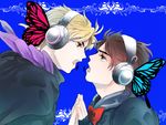  artist_request blonde_hair blue_eyes bow bowtie bug butterfly butterfly_hair_ornament butterfly_wings dio_brando eye_contact face-to-face feathers fingerless_gloves gloves hair_ornament headphones insect jojo_no_kimyou_na_bouken jonathan_joestar looking_at_another magnet_(vocaloid) male_focus multiple_boys parody red_eyes vocaloid wings yaoi 