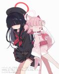  2girls :d animal_ear_fluff animal_ears bare_legs black_gloves black_hair black_hat black_sailor_collar black_shirt black_skirt blue_archive blunt_bangs blush cat_ears cat_girl cat_tail chlorella_observation_club_member_(blue_archive) clenched_teeth commentary_request dot_nose fang gloves hair_bobbles hair_ornament hair_over_eyes halo hat highres japanese_clothes justice_task_force_member_(blue_archive) kimono leaning_forward legs_apart long_bangs long_hair long_sleeves multiple_girls neckerchief ogata_zen parted_bangs pink_hair pink_kimono pink_neckerchief pink_sash pleated_skirt red_halo red_neckerchief sailor_collar sash shirt short_hair short_kimono simple_background skin_fang skirt smile standing straight_hair sweatdrop tail teeth v_arms white_background white_halo white_sailor_collar wide_sleeves 
