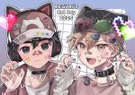  2025 2boys alternate_costume animal_ears arms_up badge bandaid bandaid_on_face bandaid_on_nose baseball_cap belt_buckle belt_collar black_collar black_hair black_nails blue_oak brown_eyes brown_hair buckle button_badge cat_ears claw_pose closed_mouth collar commentary_request crew_neck ear_piercing earrings english_text fake_animal_ears frown hair_between_eyes hat headphones heart highres jewelry male_focus multiple_boys nail_polish open_clothes open_mouth open_shirt piercing pixel_heart pk_rgr96 pokemon red_(pokemon) red_shirt romaji_text safety_pin shirt sleeves_past_wrists sticker sticker_on_face teeth upper_body upper_teeth_only white_shirt 
