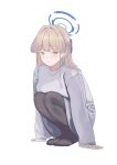  1girl absurdres arm_support black_pantyhose blonde_hair blue_archive blue_eyes blue_halo blunt_bangs blush braid feet hair_down halo highres legs long_hair long_sleeves looking_at_viewer pantyhose simple_background sitting solo sweater tnr_(horiko1525) toki_(blue_archive) white_background 