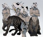  1boy animal_collar animal_ears brown_hair centauroid claws collar colored_sclera commentary_request dark-skinned_male dark_skin full_body gradient_hair grey_background leash leash_pull lin_yue long_hair male_focus monster_boy multicolored_hair multiple_views original red_eyes simple_background taur tiger_boy tiger_ears toned toned_male white_hair yellow_sclera 