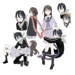  1boy 1girl ;p absurdres ahoge bandana bandana_around_neck black_hair black_jacket black_shoes black_socks black_track_suit blue_bandana blue_eyes blush blush_stickers brown_hair brown_shoes carrying chinese_commentary closed_mouth commentary_request crown crying double-parted_bangs flying_sweatdrops frown hair_between_eyes hand_on_another's_head highres hugging_another's_leg iki_hiyori jacket kneehighs loafers long_hair long_sleeves looking_at_viewer loose_hair_strand ma_fu medium_skirt multiple_views neck_ribbon noragami on_ground one_eye_closed open_mouth pants pleated_skirt possessed pout princess_carry purple_eyes purple_ribbon purple_serafuku purple_shirt purple_skirt purple_tail red_eyes red_scarf ribbon sailor_collar scarf school_uniform serafuku shirt shoes simple_background skirt socks standing sweatdrop tail tongue tongue_out track_jacket track_pants track_suit turn_pale white_background white_sailor_collar yato_(noragami) 