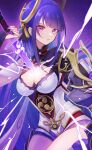  1girl arm_up armor blunt_bangs breasts cleavage commentary electricity fake_horns genshin_impact glowing glowing_sword glowing_weapon hair_down head_tilt headpiece highres holding holding_sword holding_weapon horns japanese_armor katana large_breasts light_particles long_hair looking_at_viewer mitsudomoe_(shape) musou_isshin_(genshin_impact) naruno_suke_(narunosk) parted_lips purple_background purple_eyes purple_hair raiden_shogun raiden_shogun_(magatsu_mitake_narukami_no_mikoto) shoulder_armor solo sword thick_thighs thighs tomoe_(symbol) upper_body weapon 