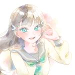  1girl aqua_eyes aqua_neckerchief brown_hair character_request commentary_request grey_sailor_collar hair_ornament hand_up highres long_hair long_sleeves looking_at_viewer love_live! love_live!_sunshine!! mugiyounicos2 neckerchief open_mouth pale_color sailor_collar sailor_shirt school_uniform shirt smile solo upper_body white_background wispy_bangs yellow_shirt 