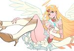  1girl angel angel_wings backlace_(psg) blonde_hair blue_eyes breasts commentary_request earrings feathered_wings gladiator_sandals hair_ornament halo heart heart_hair_ornament high_heels highres jewelry kneehighs long_hair looking_at_viewer medium_breasts midriff miniskirt no_panties panty_&amp;_stocking_with_garterbelt panty_(psg) revealing_clothes sandals simple_background skirt smile socks solo traditional_halo underboob white_background wings wpous121 