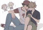  2boys arm_around_waist arm_on_knee backwards_hat baseball_cap black_shirt blue_oak blue_pants brown_eyes brown_hair chibi closed_mouth collarbone collared_shirt commentary_request crew_neck denim eye_contact green_pants hand_on_another's_face hand_on_another's_hip hat highres jeans looking_at_another looking_to_the_side male_focus multiple_boys open_clothes open_mouth open_shirt pants parted_bangs pk_rgr96 pokemon pokemon_sm red_(pokemon) red_hat red_shoes shirt shoes short_sleeves sitting smile sneakers spiked_hair white_background yaoi 