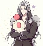  1boy 20x26tks armor black_coat bracelet chest_strap closed_mouth coat collarbone commentary_request final_fantasy final_fantasy_vii final_fantasy_vii_remake green_eyes grey_hair jewelry long_hair long_sleeves male_focus moogle parted_bangs sephiroth shoulder_armor simple_background solo upper_body 