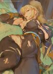  1girl areola_slip blonde_hair blue_eyes bodysuit breasts covered_navel covered_nipples cutesexyrobutts darkness_(konosuba) hair_ornament highres kono_subarashii_sekai_ni_shukufuku_wo! large_breasts long_hair looking_at_viewer lying on_back patreon_username ponytail solo toned toned_female torn_bodysuit torn_clothes x_hair_ornament 